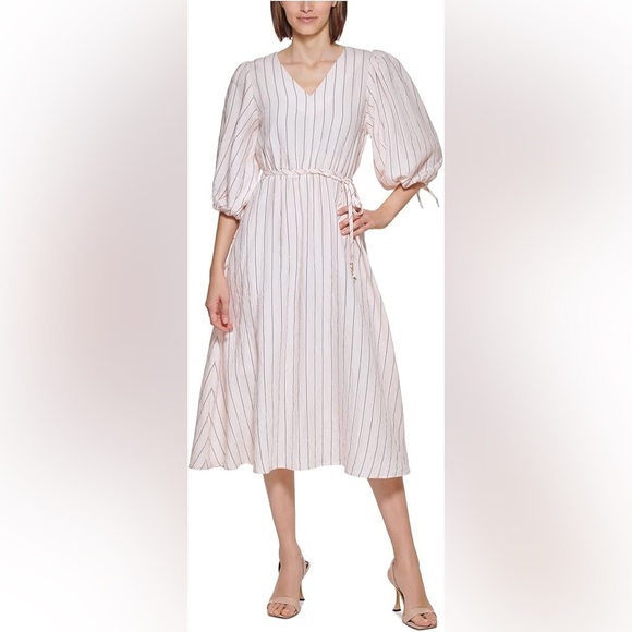 Calvin Klein Dresses & Skirts - Calvin Klein Women’s Pink Striped Maxi Dress Puffed Sleeves Size 6